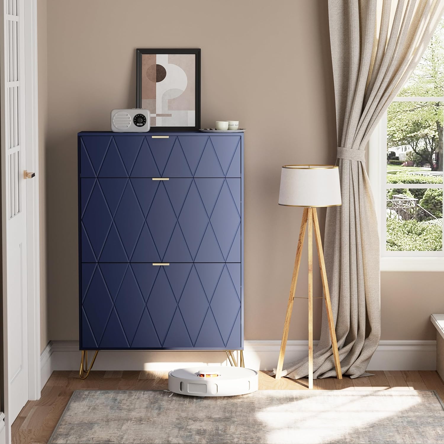 UEV Scarpiera Salvaspazio Slim in Legno Ingegnerizzato, Scarpiera Ingresso da Portascarpe con 3 Ante a Ribalta, Porta Scarpe per 16 Paia, 80 x 24 x 120 cm, Blu