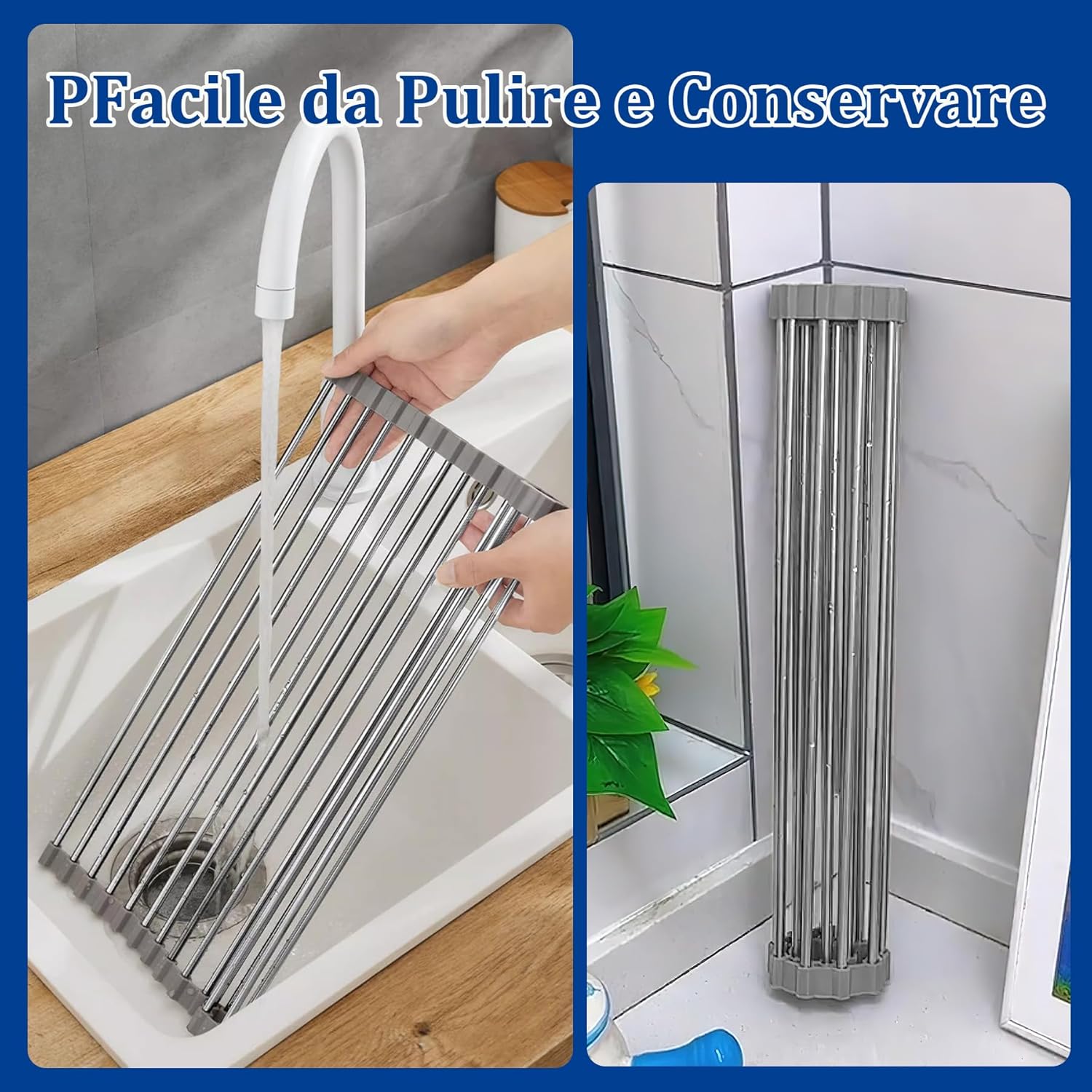 2 Pezzi Scolapiatti da Appoggio, Scolapiatti Pieghevole in Acciaio inox Sopra il Lavello della Cucina, Scolapiatti per Organizer Tappetino per Tazze, Spugne per Pulire,Frutta, Verdura(Grigio)