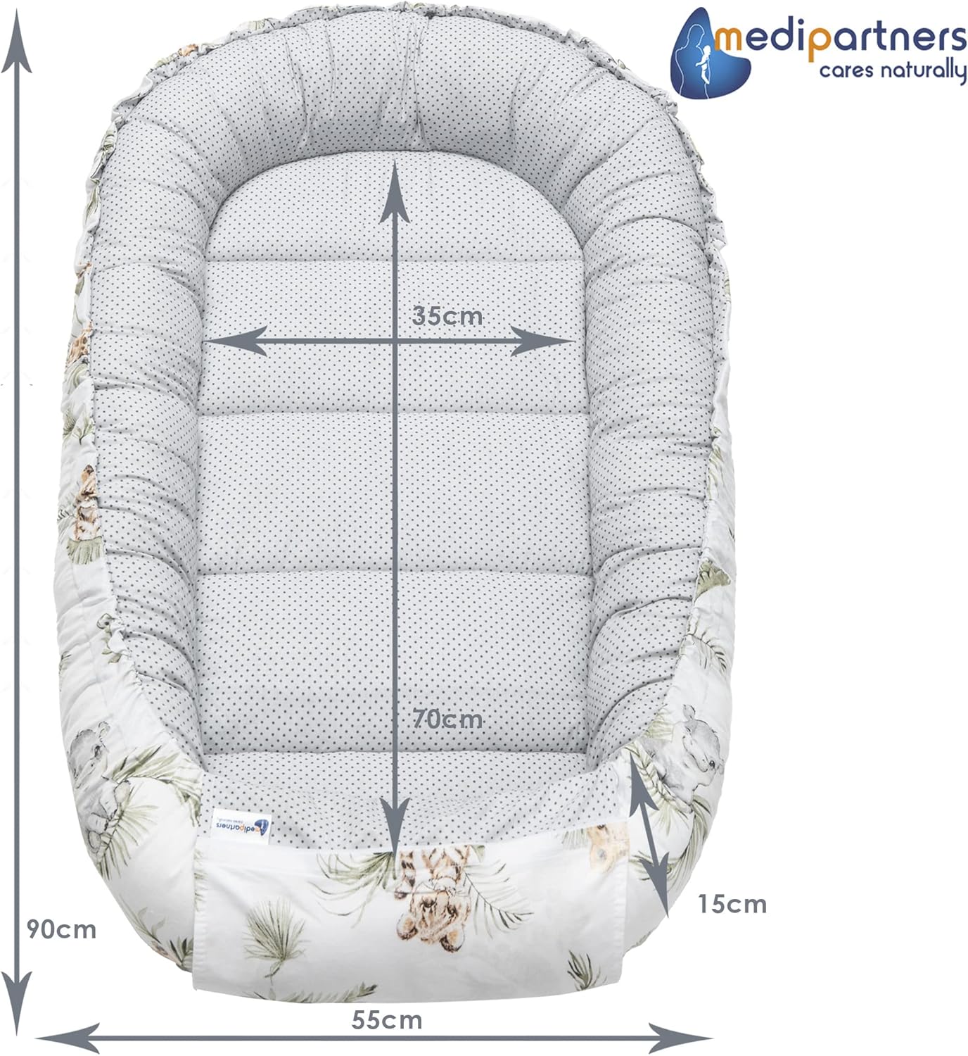 Medi Partners 5-Parti Nido per Bebè 100x60x15 Inserto Rimovibile Letto Cuscino Coperta bambini neonati 100% Cotone (Safari con Minky beige)