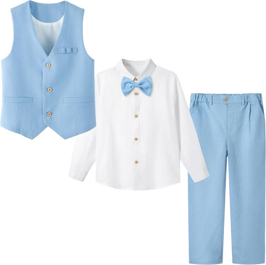 LOLANTA 4 Pezzi Completo Cerimonia Elegante Bambino, Ragazzi Paggetto Matrimoni Battesimo Abito in Lino Suit Set, Gilet+Pantaloni+Camicia+Farfallino