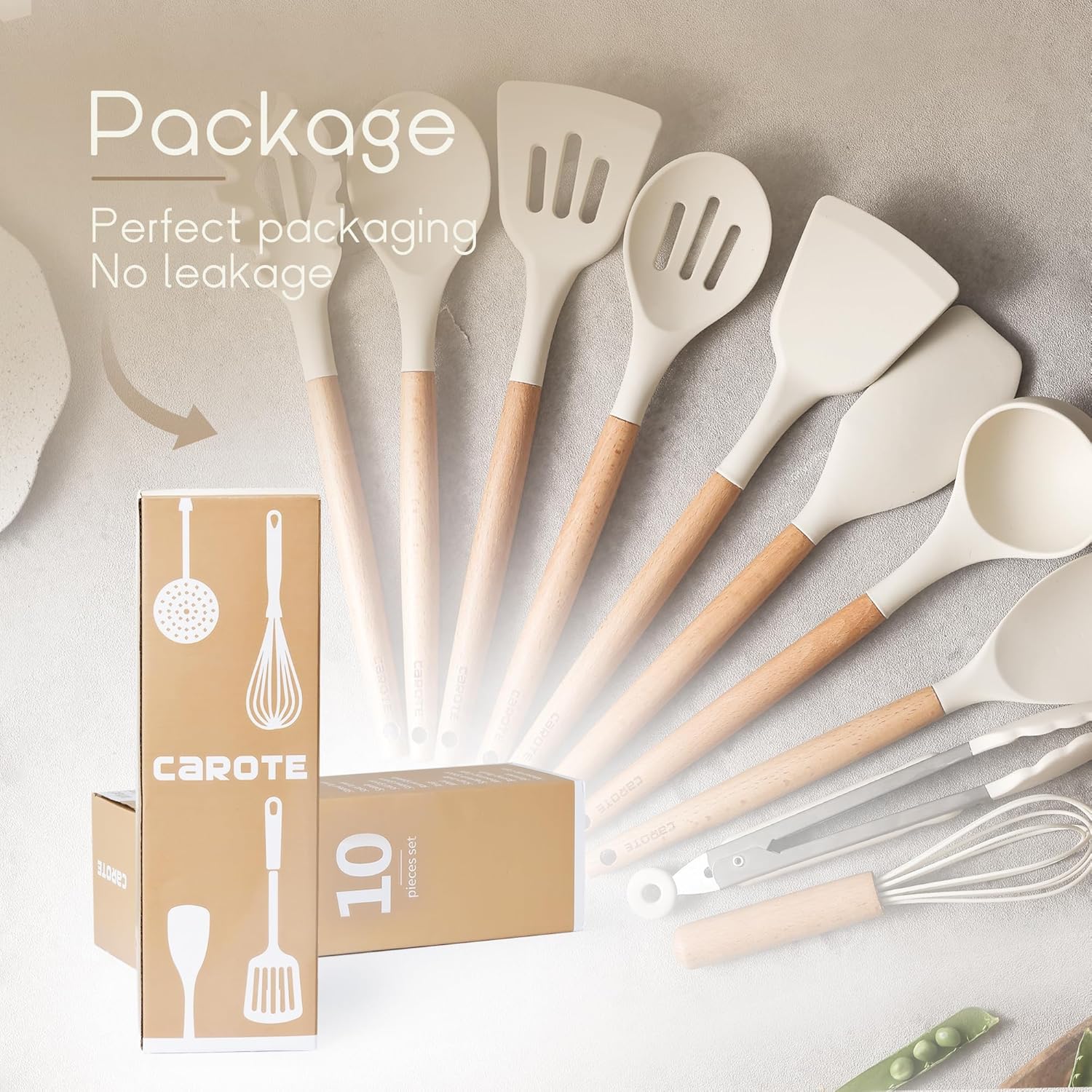 CAROTE Utensili Cucina Silicone 10 pezzi, Utensili da cucina antiaderenti resistenti al calore con manico,Cucchiai, palette e spatole in legno per cucinare,cuocere al forno, senza BPA, Lavastoviglie