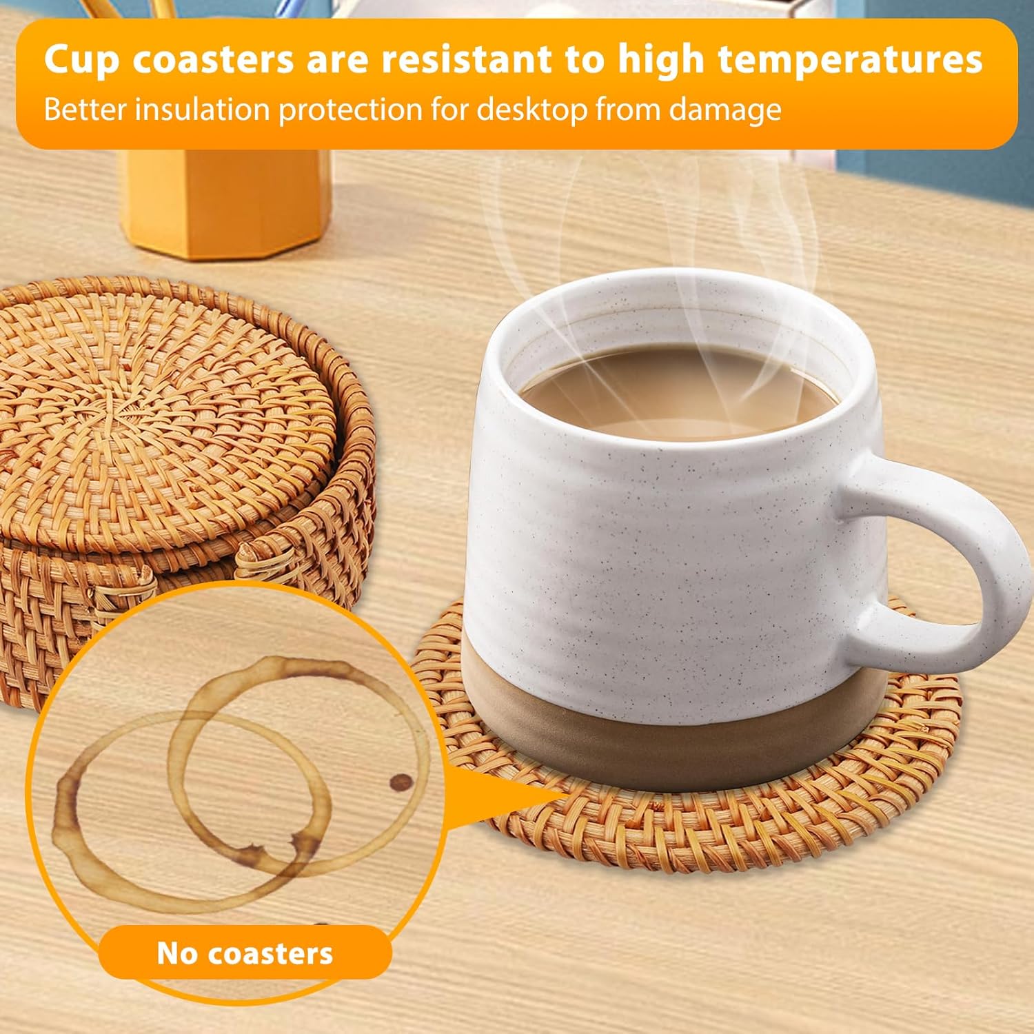 Set di sottobicchieri in rattan con supporto - Set da 6 sottobicchieri per bicchieri, tazze, bar - Sottobicchieri rotondi in sughero per bevande - Decorativi - Set di sottobicchieri in vetro