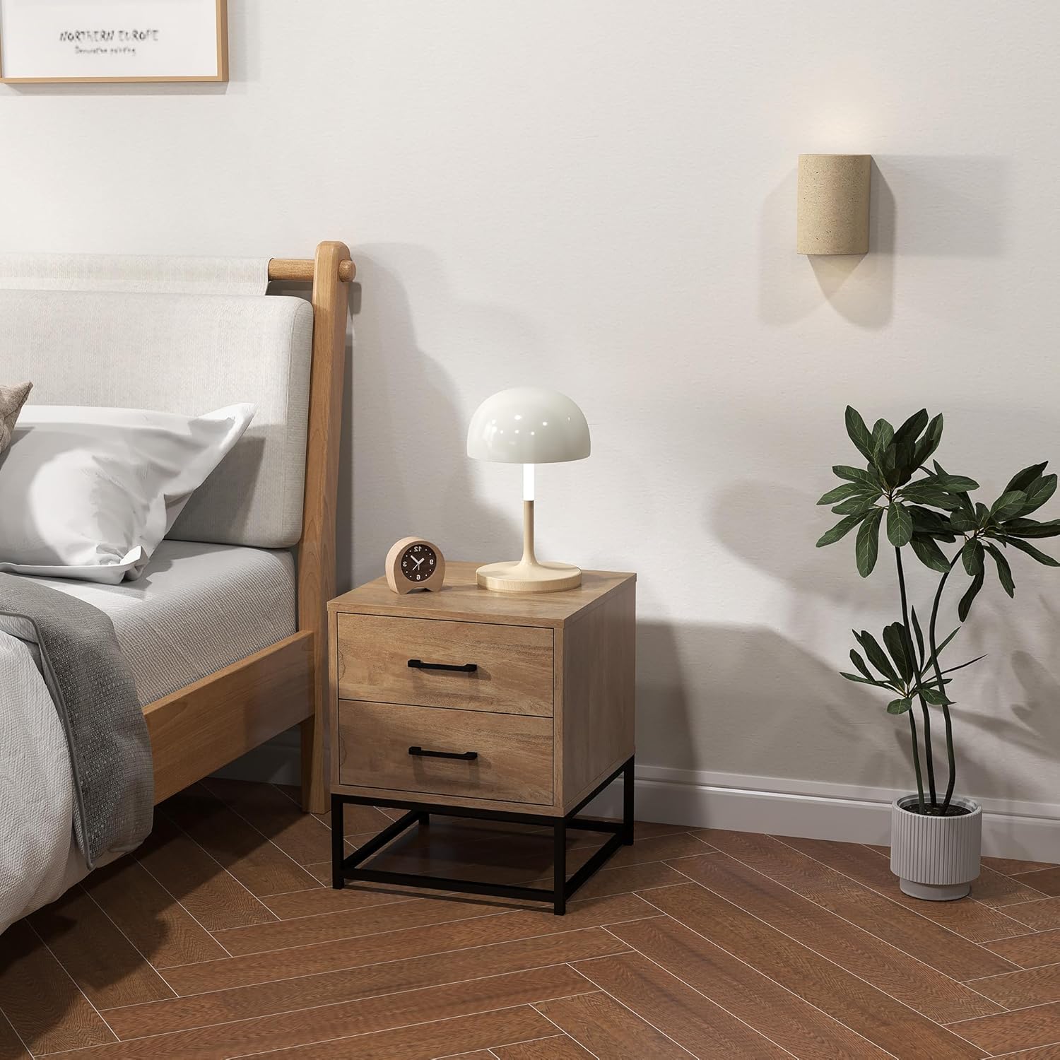 HOMCOM Set di 2 Comodini Camera da Letto con 2 Cassetti, Coppia di Comodini Stile Industriale in Legno e Acciaio, Tavolini per Divano, Soggiorno, Salotto e Camera, 40x39.5x48 cm, Colore Legno