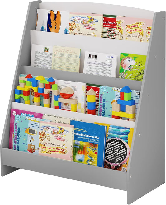 Lestarain Libreria Montessoriana per Bambini in Legno, Mobiletto Porta Libri con 4 Scomparti Aperti, Scaffale per Libri da Terra per Cameretta, Bianco e Grigio, 61x30x70cm