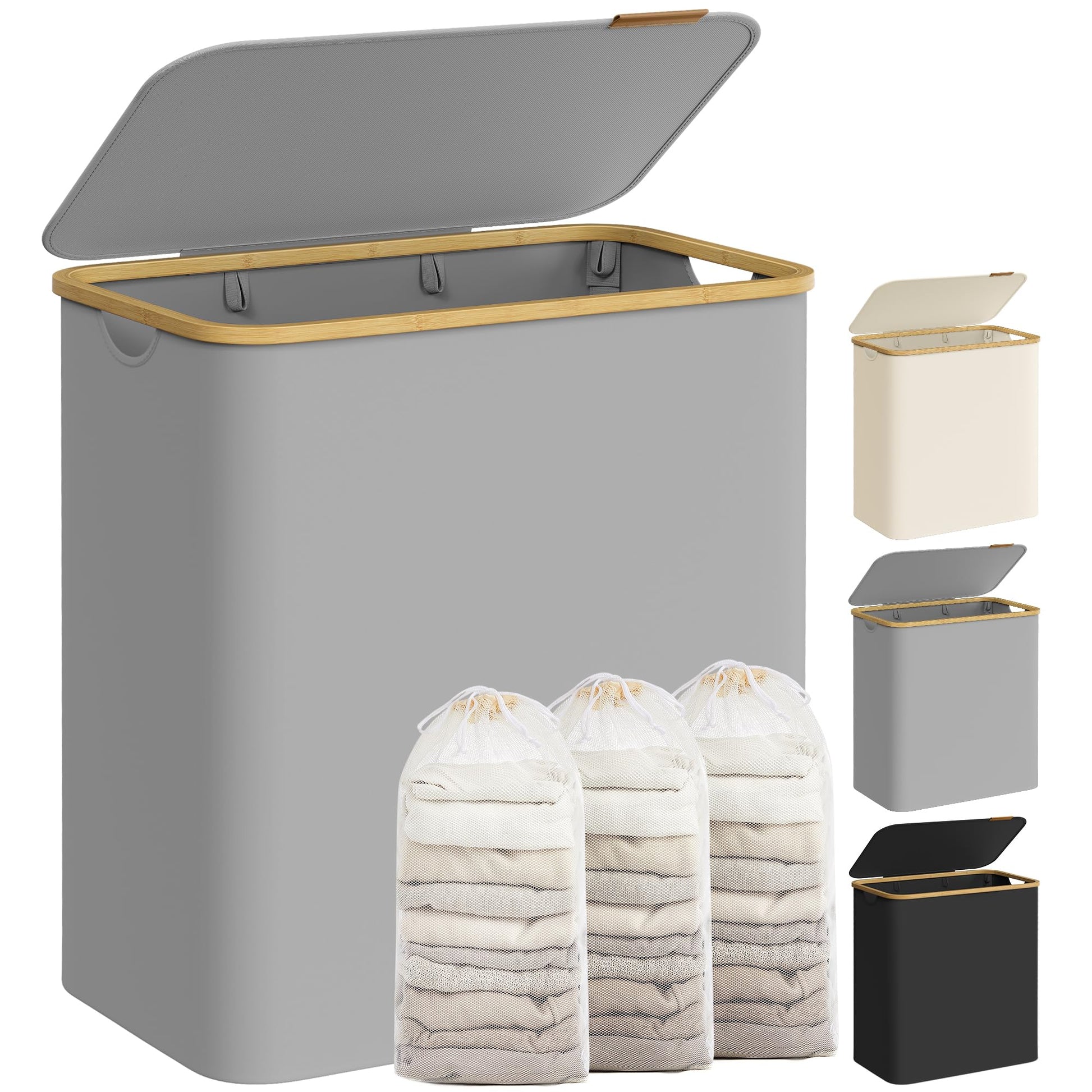 SONGMICS Cesto Portabiancheria con Coperchio, Cesta per Bucato, 65L, Salvaspazio, Sacco Rimovibile, Tessuto Oxford, Manici di Bambù, Pieghevole, 42 x 22,5 x 70,5 cm, Nero Inchiostro LCB506B01