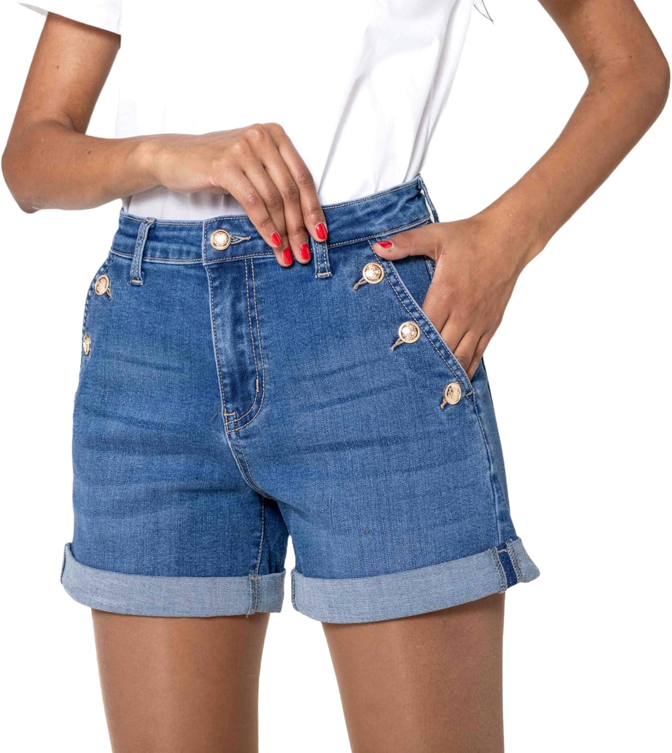 Nina Carter Pantaloncini da donna a vita alta, in jeans, look usato, eleganti pantaloncini estivi in denim