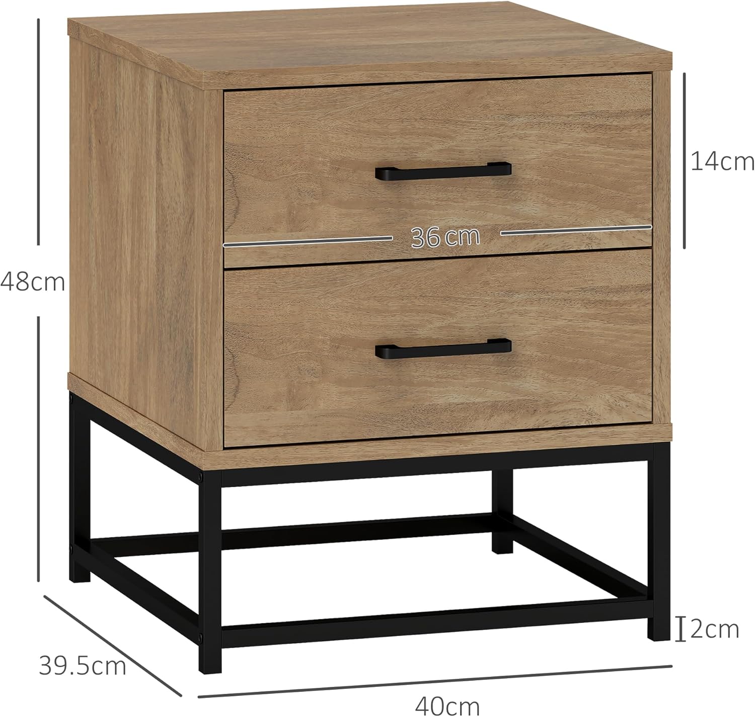 HOMCOM Set di 2 Comodini Camera da Letto con 2 Cassetti, Coppia di Comodini Stile Industriale in Legno e Acciaio, Tavolini per Divano, Soggiorno, Salotto e Camera, 40x39.5x48 cm, Colore Legno