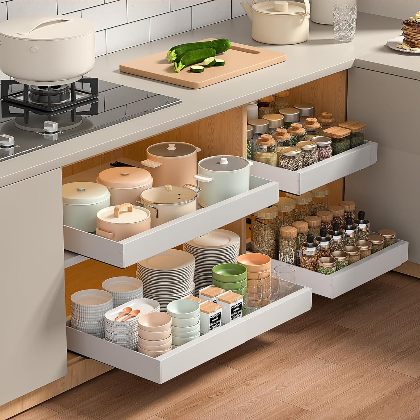 PNNP Cassetto Estraibile Cucina: Cassetti Telescopico Armadio - Cestelli Estraibili per Cucina a Larghezza Regolabile (32-53 cm L x 43 cm P x 7 cm A) - Nessuna Foratura | Bianco