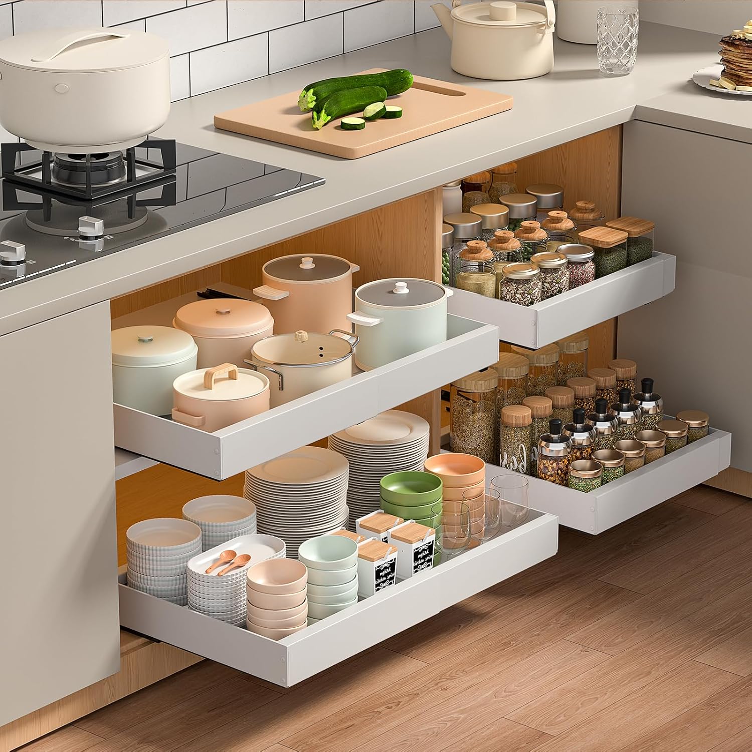 PNNP Cassetto Estraibile Cucina: Cassetti Telescopico Armadio - Cestelli Estraibili per Cucina a Larghezza Regolabile (32-53 cm L x 43 cm P x 7 cm A) - Nessuna Foratura | Bianco