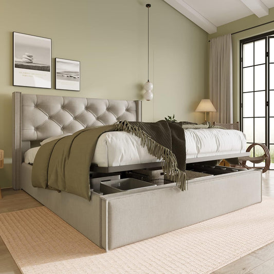 Letto Imbottito 160X200 Idraulico per Adulti con Rete a Doghe in Legno, Struttura e Testata, Moderna con Contenitore Sottoletto, Cotone, Grigio Chiaro, Senza Materasso