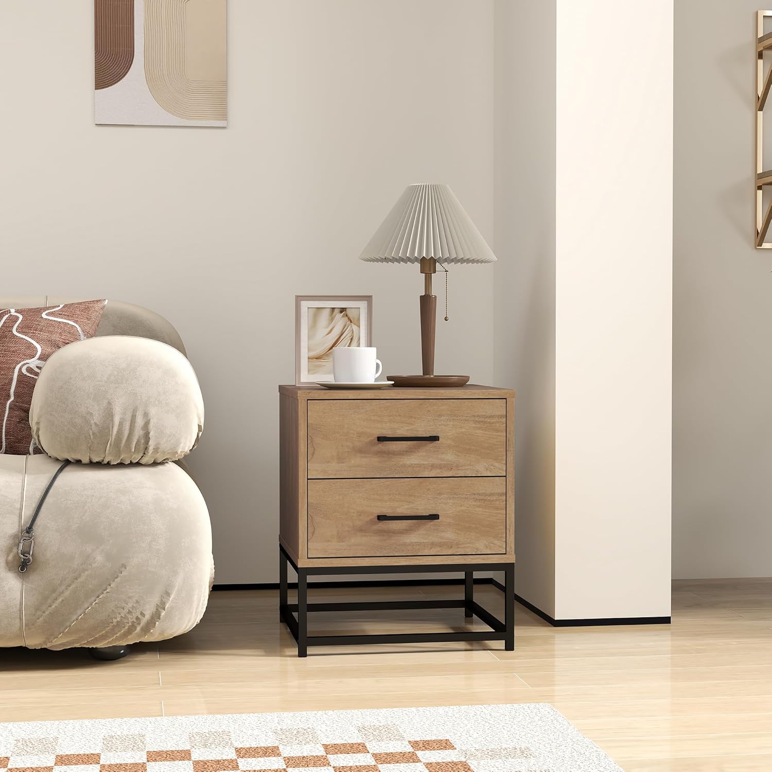 HOMCOM Set di 2 Comodini Camera da Letto con 2 Cassetti, Coppia di Comodini Stile Industriale in Legno e Acciaio, Tavolini per Divano, Soggiorno, Salotto e Camera, 40x39.5x48 cm, Colore Legno