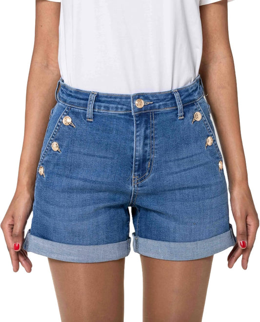 Nina Carter Pantaloncini da donna a vita alta, in jeans, look usato, eleganti pantaloncini estivi in denim