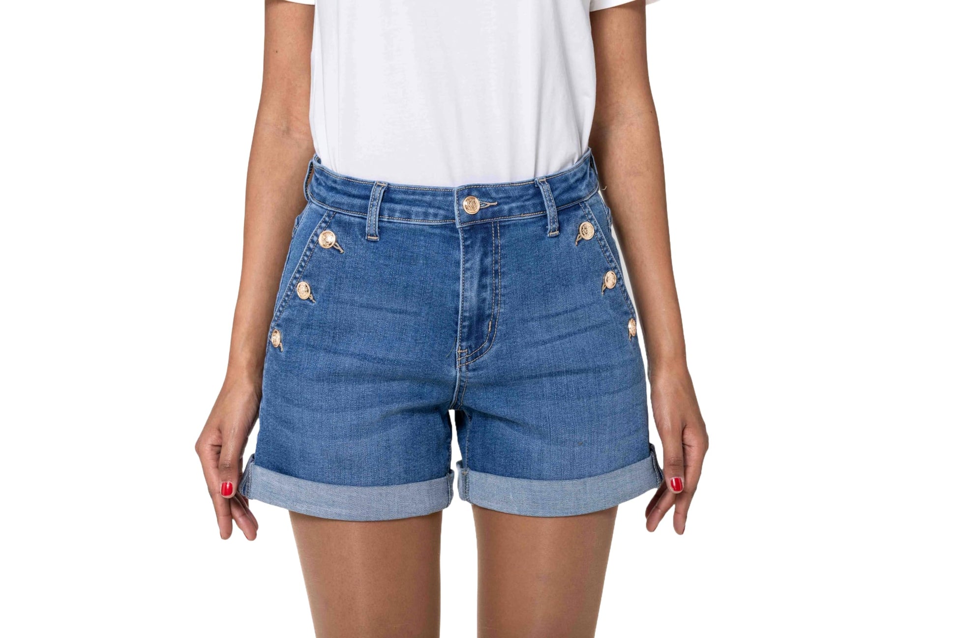 Nina Carter Pantaloncini da donna a vita alta, in jeans, look usato, eleganti pantaloncini estivi in denim