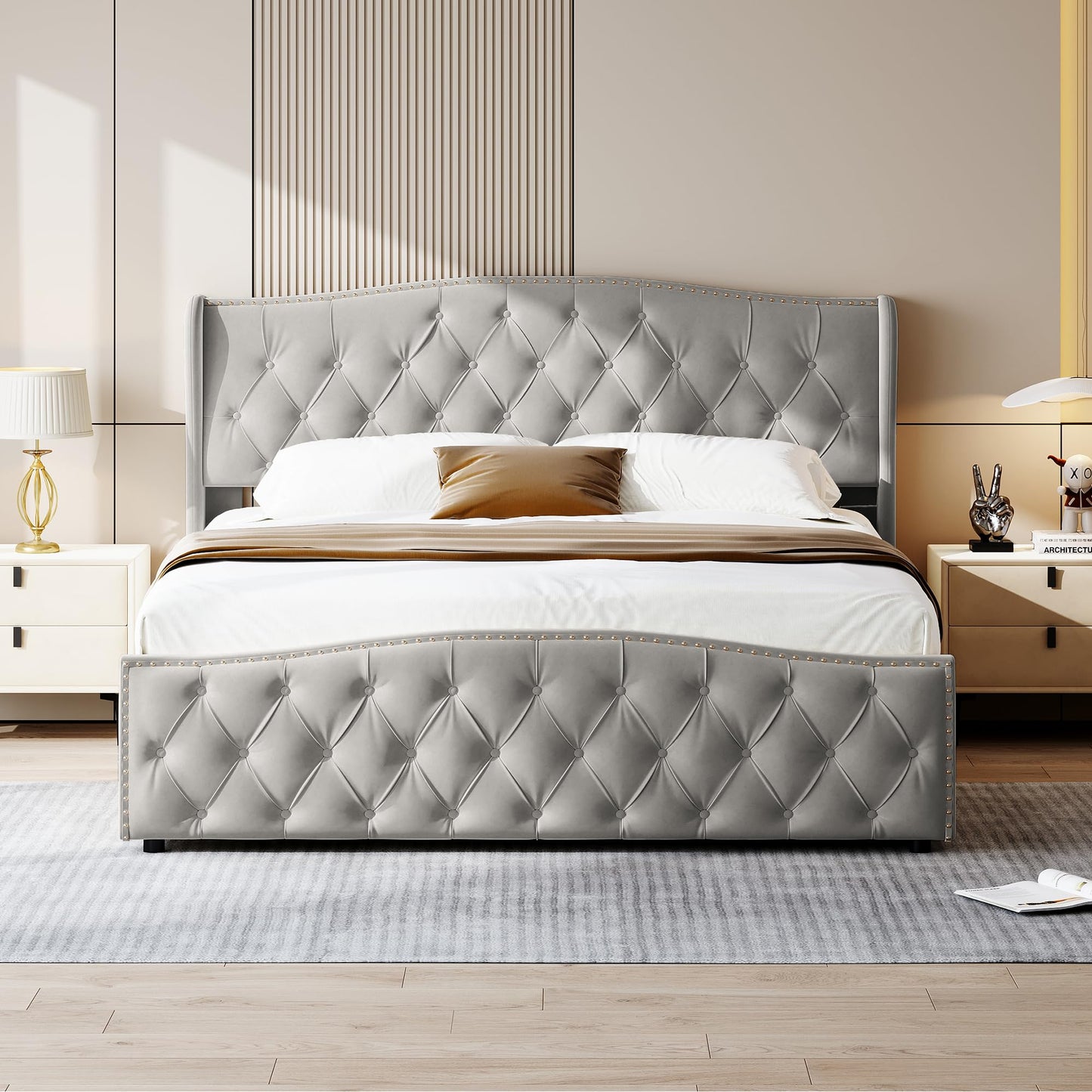 Letto baule 160 x 200 con rete, letto imbottito in velluto con letto matrimoniale, telaio letto imbottito con contenitore letto imbottito per adulti (Beige-B, 160 x 200 cm)