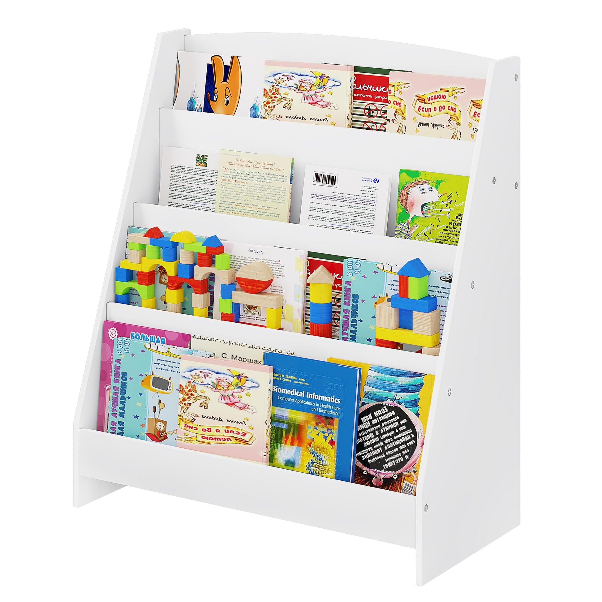 Lestarain Libreria Montessoriana per Bambini in Legno, Mobiletto Porta Libri con 4 Scomparti Aperti, Scaffale per Libri da Terra per Cameretta, Bianco e Grigio, 61x30x70cm