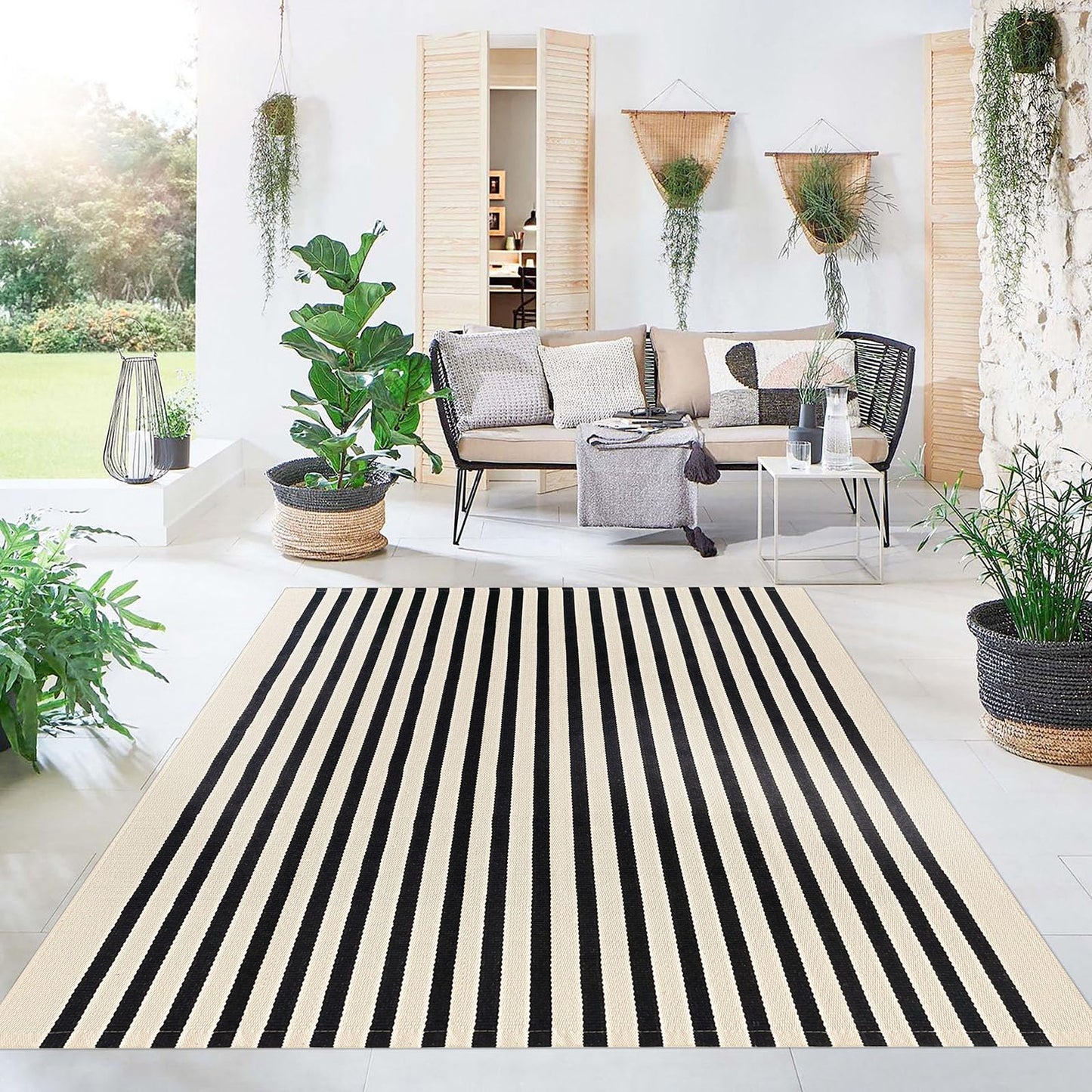 KOZYFLY Tappeto a righe bianche e nere, 60 x 90 cm, in cotone, lavabile, per interni ed esterni, per portico, cucina, fattoria