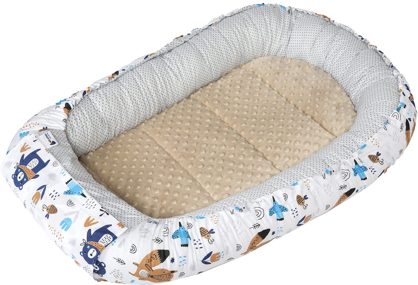 Medi Partners 5-Parti Nido per Bebè 100x60x15 Inserto Rimovibile Letto Cuscino Coperta bambini neonati 100% Cotone (Safari con Minky beige)