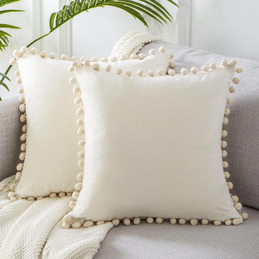 Topfinel Federe Cuscini in Velluto per Divano, Copricuscini Arredo Casa Moderni con Pom Poms, Fodere Cuscino in Tinta Unita Eleganti per Camera da Letto Salotto Sedia, 2 Pezzi,40x40 cm, Cream