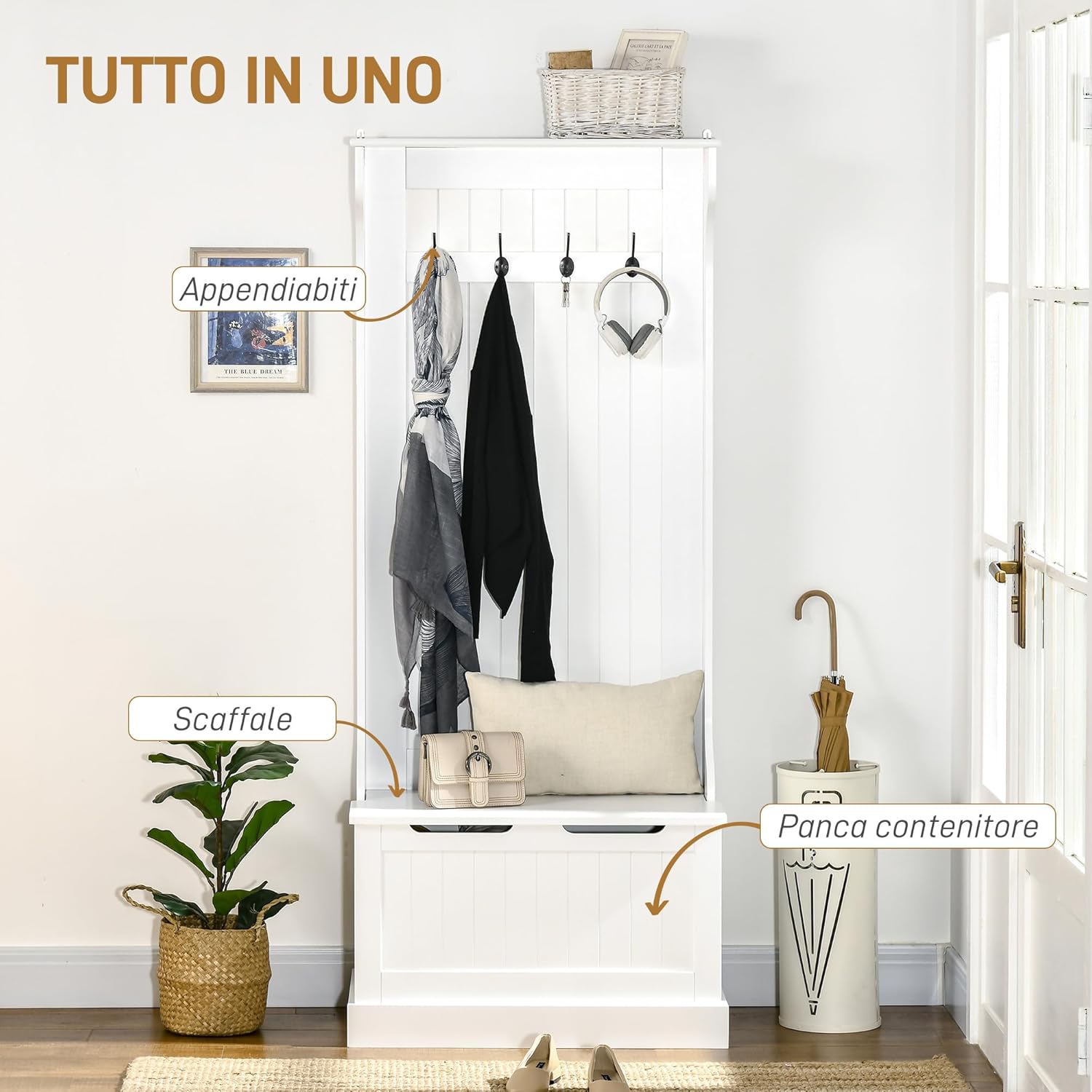 HOMCOM 3 in 1 Appendiabiti da Ingresso con Scarpiera, Attaccapanni da Terra Salvaspazio con 4 Ganci e Panca Contenitore, in MDF, per Corridoio, Camera da Letto, 71.5x39.5x170 cm, Bianco