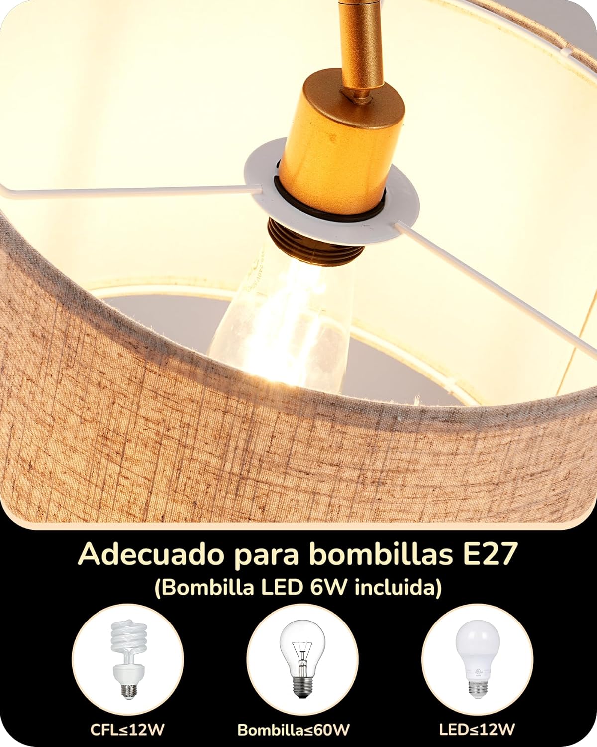 EDISHINE Lampada da terra per soggiorno, lampada ad arco con paralume in lino beige, lampada da terra dorata da 161 cm con paralume regolabile, attacco E27 (Lampadina fornita)