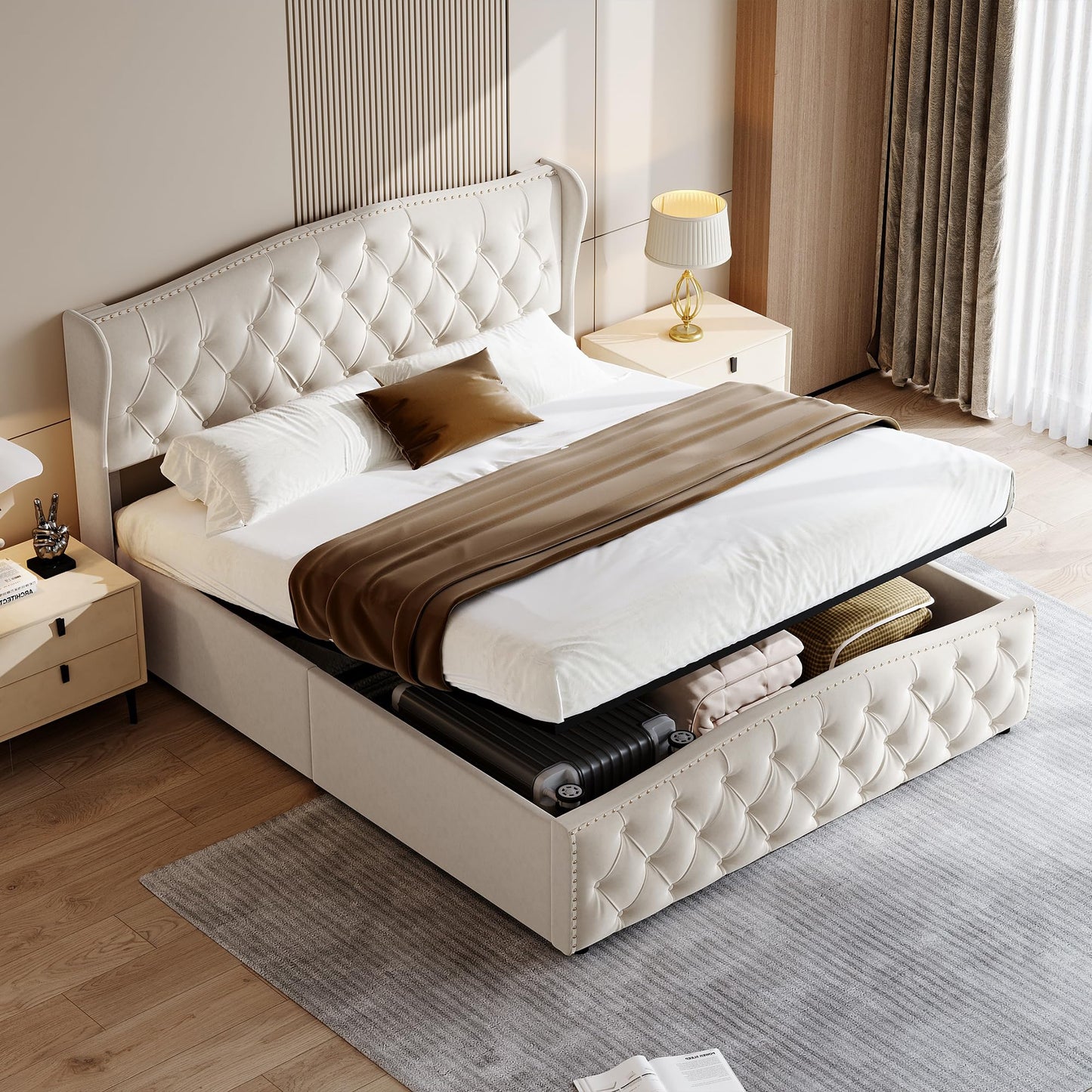 Letto baule 160 x 200 con rete, letto imbottito in velluto con letto matrimoniale, telaio letto imbottito con contenitore letto imbottito per adulti (Beige-B, 160 x 200 cm)
