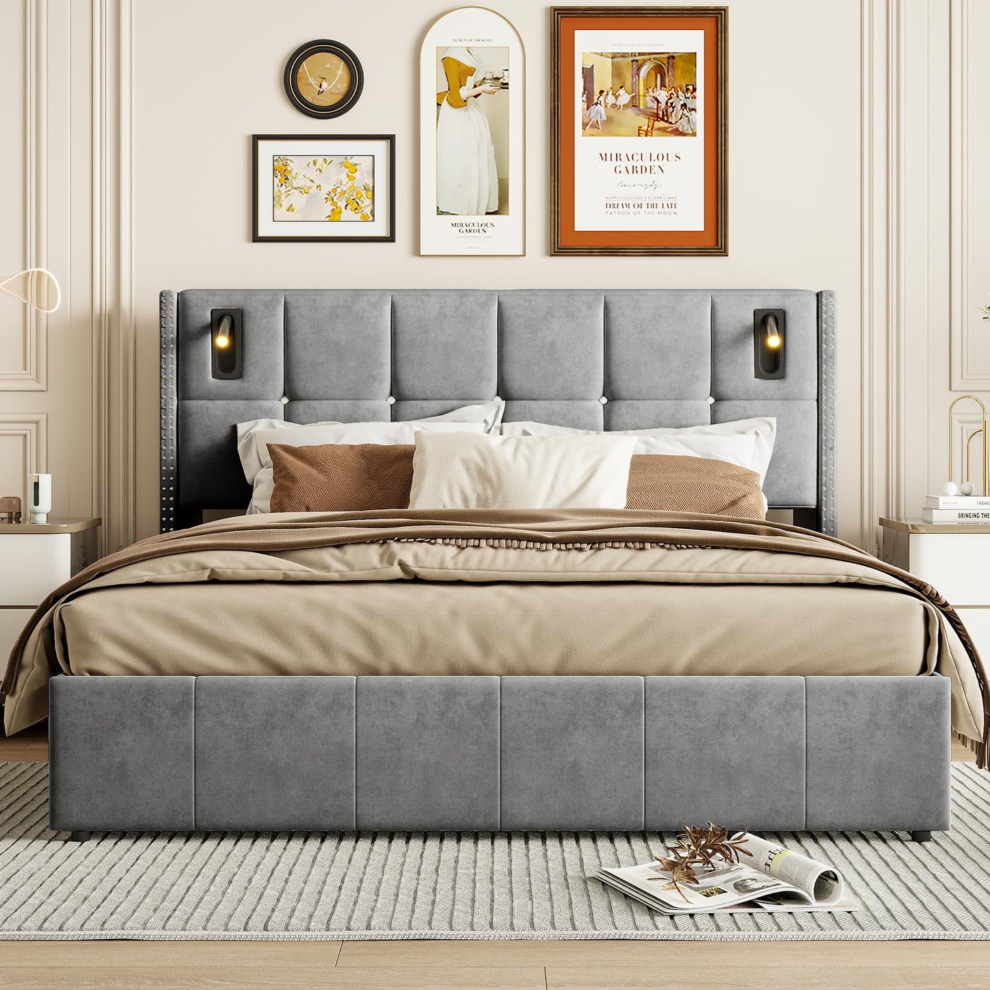 Letto baule 160 x 200 con rete, letto imbottito in velluto con letto matrimoniale, telaio letto imbottito con contenitore letto imbottito per adulti (Beige-B, 160 x 200 cm)