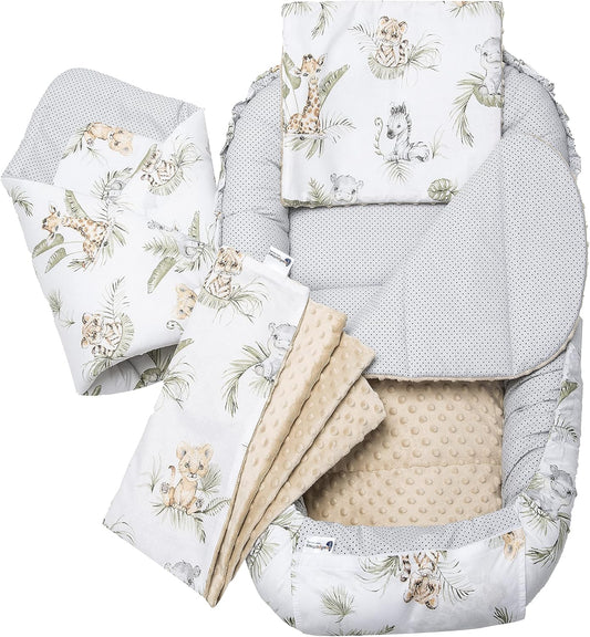 Medi Partners 5-Parti Nido per Bebè 100x60x15 Inserto Rimovibile Letto Cuscino Coperta bambini neonati 100% Cotone (Safari con Minky beige)