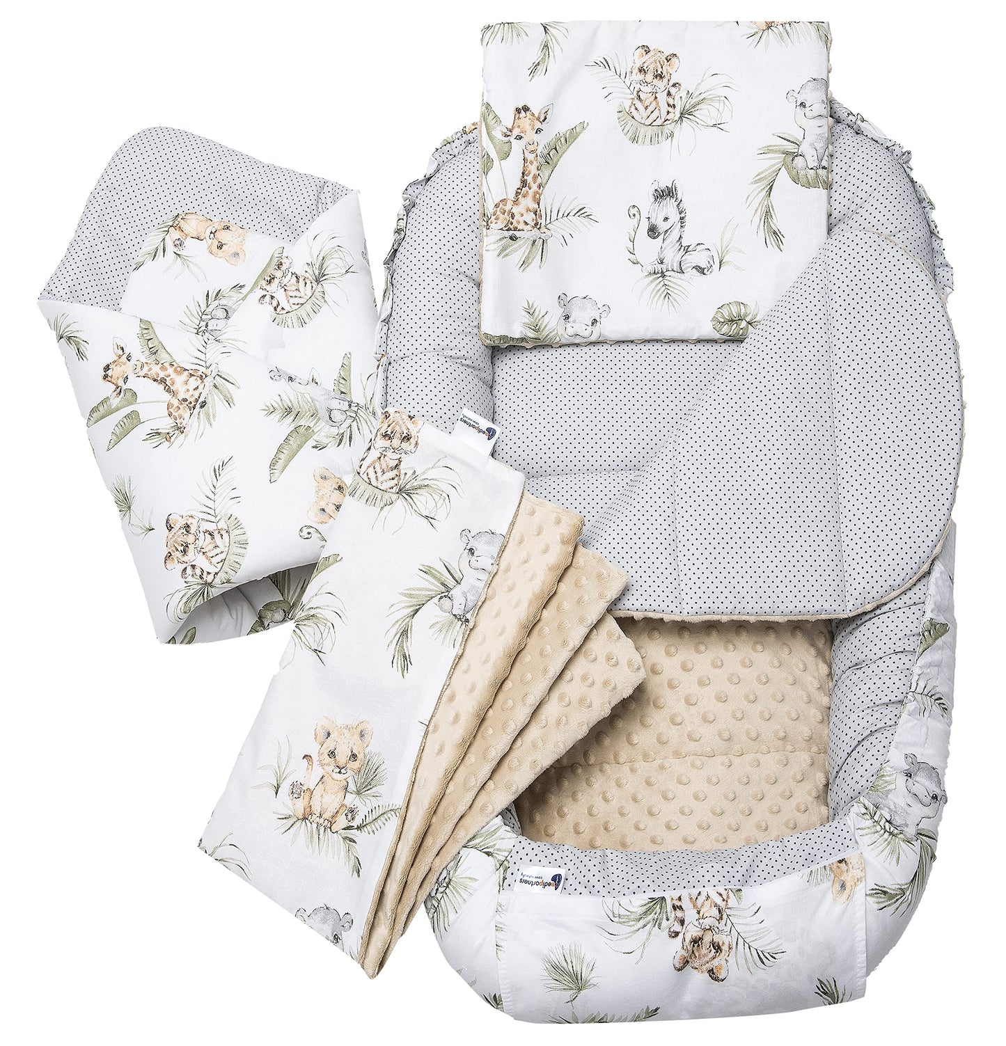 Medi Partners 5-Parti Nido per Bebè 100x60x15 Inserto Rimovibile Letto Cuscino Coperta bambini neonati 100% Cotone (Safari con Minky beige)