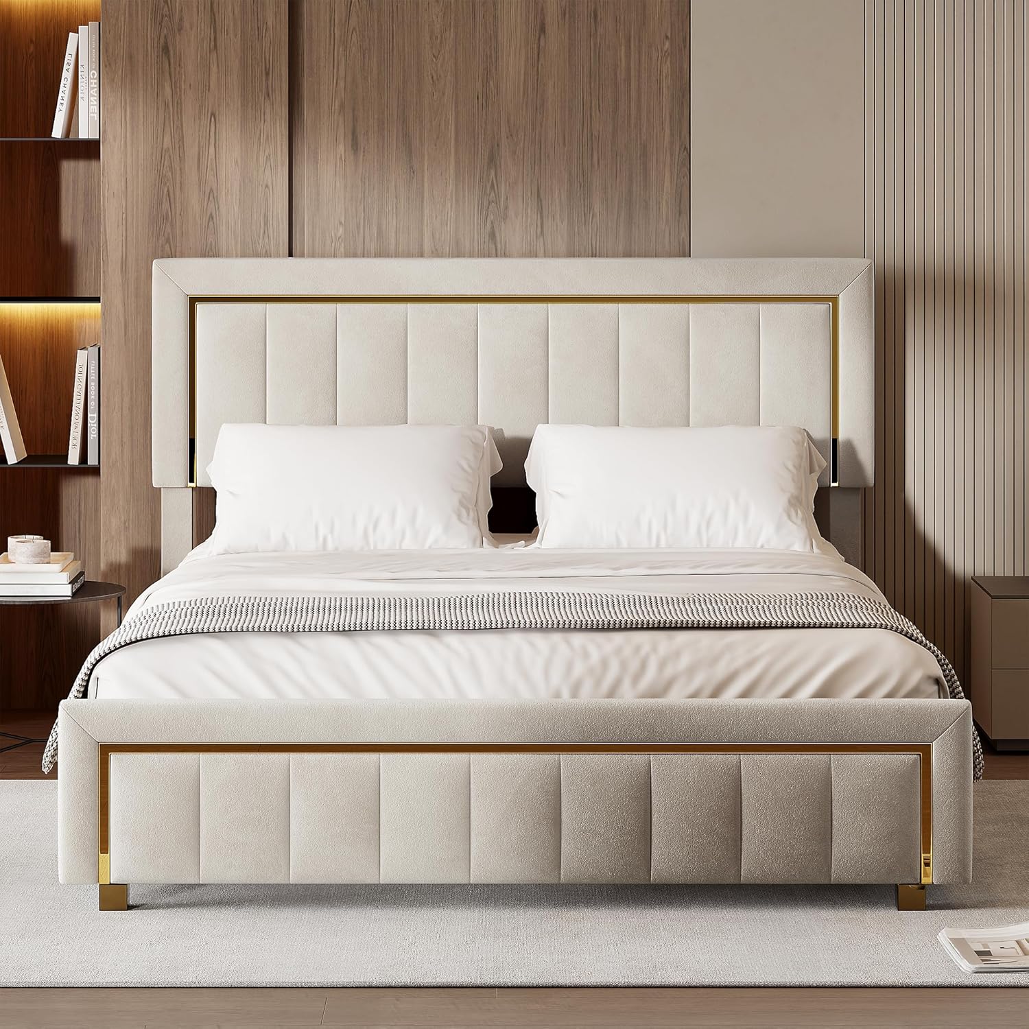 Letto baule 160 x 200 con rete, letto imbottito in velluto con letto matrimoniale, telaio letto imbottito con contenitore letto imbottito per adulti (Beige-B, 160 x 200 cm)
