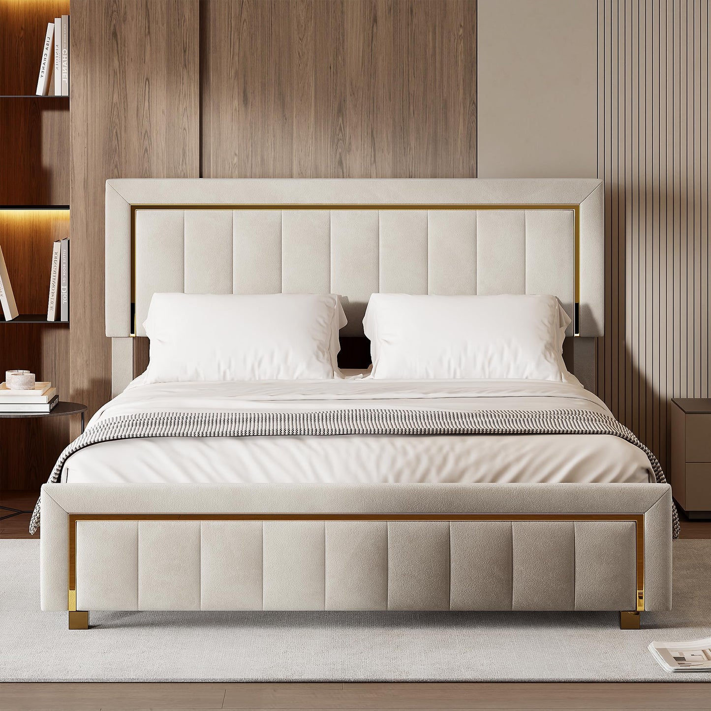 Letto baule 160 x 200 con rete, letto imbottito in velluto con letto matrimoniale, telaio letto imbottito con contenitore letto imbottito per adulti (Beige-B, 160 x 200 cm)