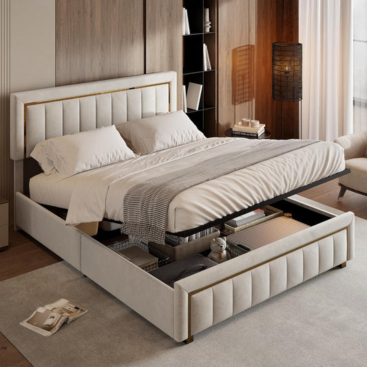 Letto baule 160 x 200 con rete, letto imbottito in velluto con letto matrimoniale, telaio letto imbottito con contenitore letto imbottito per adulti (Beige-B, 160 x 200 cm)