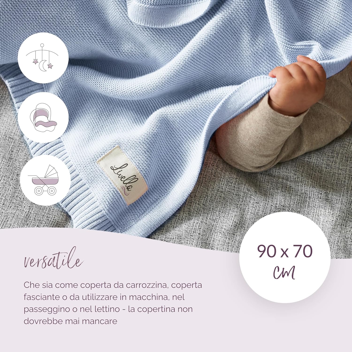 Livella Coperta per neonato e bambino cotone 100% biologico, coperta premium lavorata a maglia morbida e traspirante, ideale per la pelle delicata del bambino, OekoTEX Standard 100