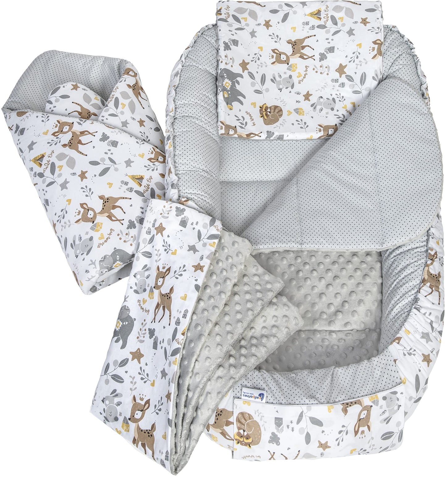 Medi Partners 5-Parti Nido per Bebè 100x60x15 Inserto Rimovibile Letto Cuscino Coperta bambini neonati 100% Cotone (Safari con Minky beige)