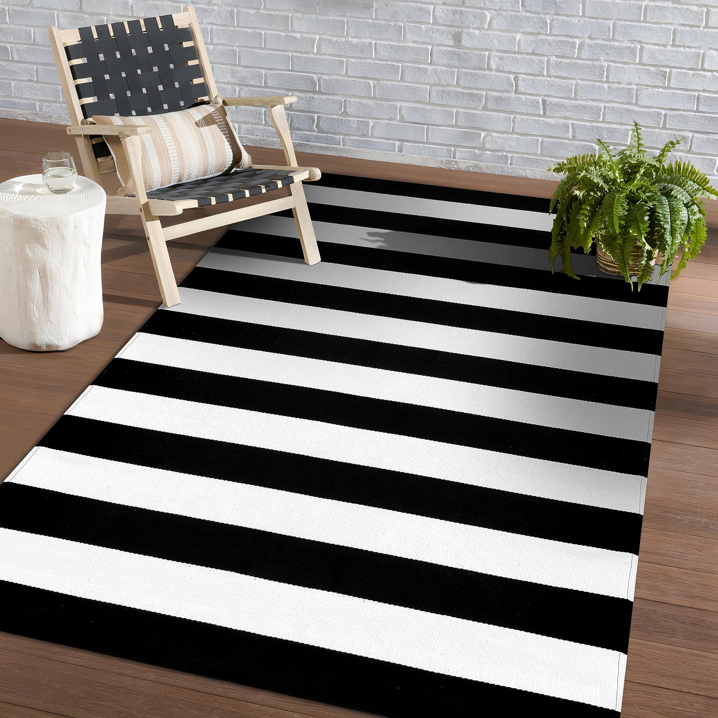 KOZYFLY Tappeto a righe bianche e nere, 60 x 90 cm, in cotone, lavabile, per interni ed esterni, per portico, cucina, fattoria