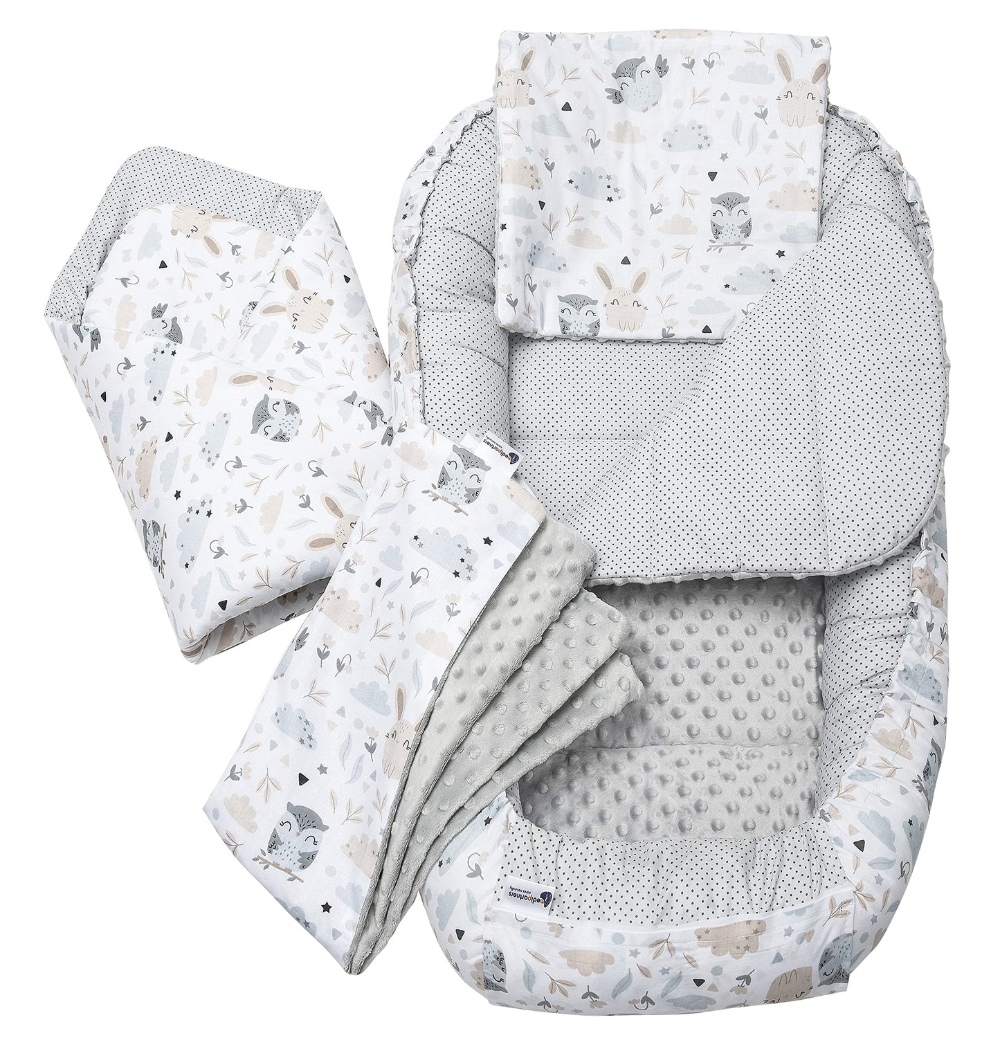Medi Partners 5-Parti Nido per Bebè 100x60x15 Inserto Rimovibile Letto Cuscino Coperta bambini neonati 100% Cotone (Safari con Minky beige)