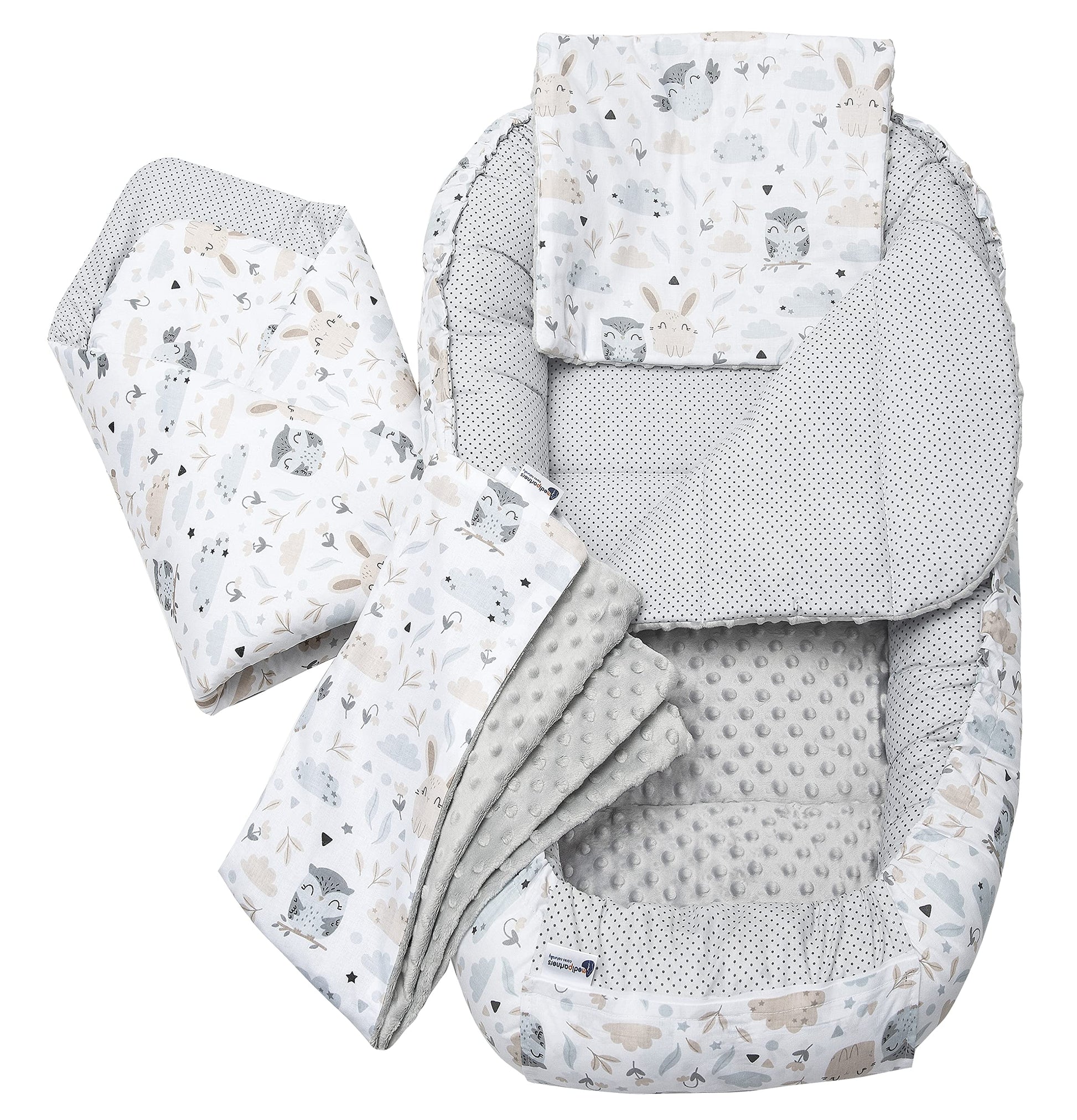 Medi Partners 5-Parti Nido per Bebè 100x60x15 Inserto Rimovibile Letto Cuscino Coperta bambini neonati 100% Cotone (Safari con Minky beige)