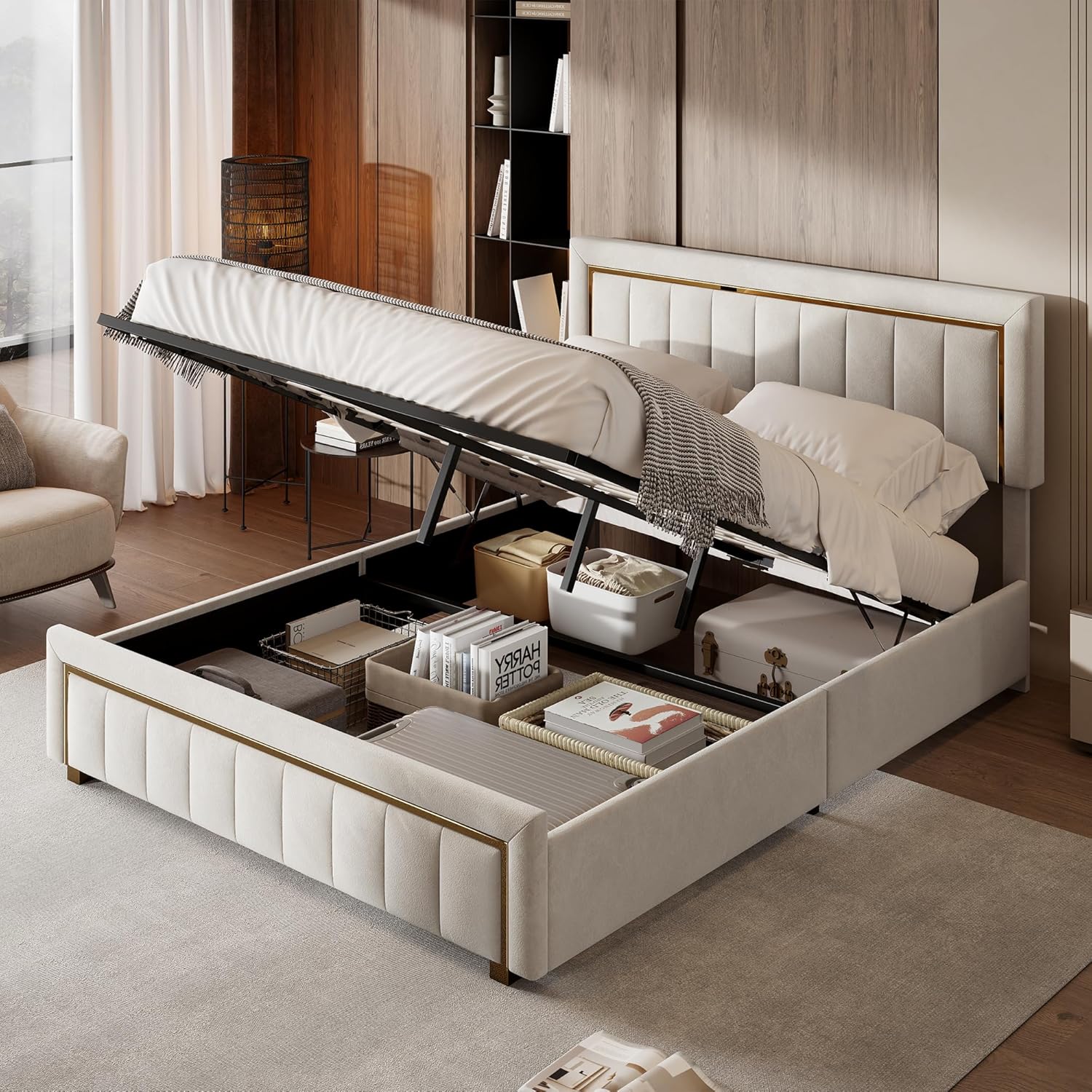 Letto baule 160 x 200 con rete, letto imbottito in velluto con letto matrimoniale, telaio letto imbottito con contenitore letto imbottito per adulti (Beige-B, 160 x 200 cm)