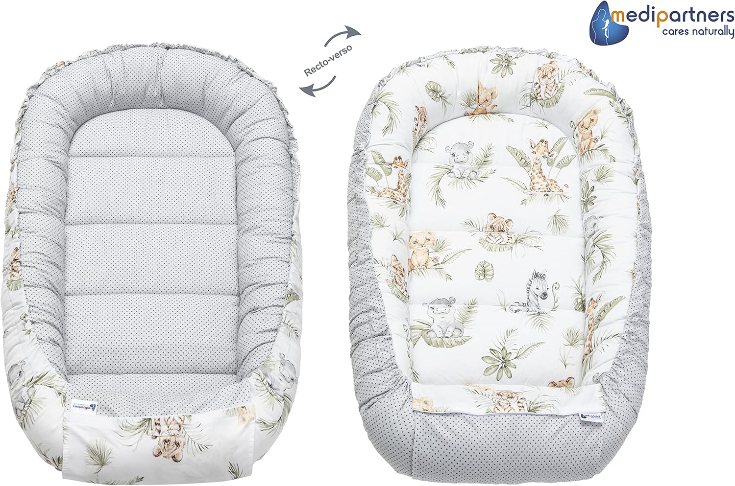 Medi Partners 5-Parti Nido per Bebè 100x60x15 Inserto Rimovibile Letto Cuscino Coperta bambini neonati 100% Cotone (Safari con Minky beige)