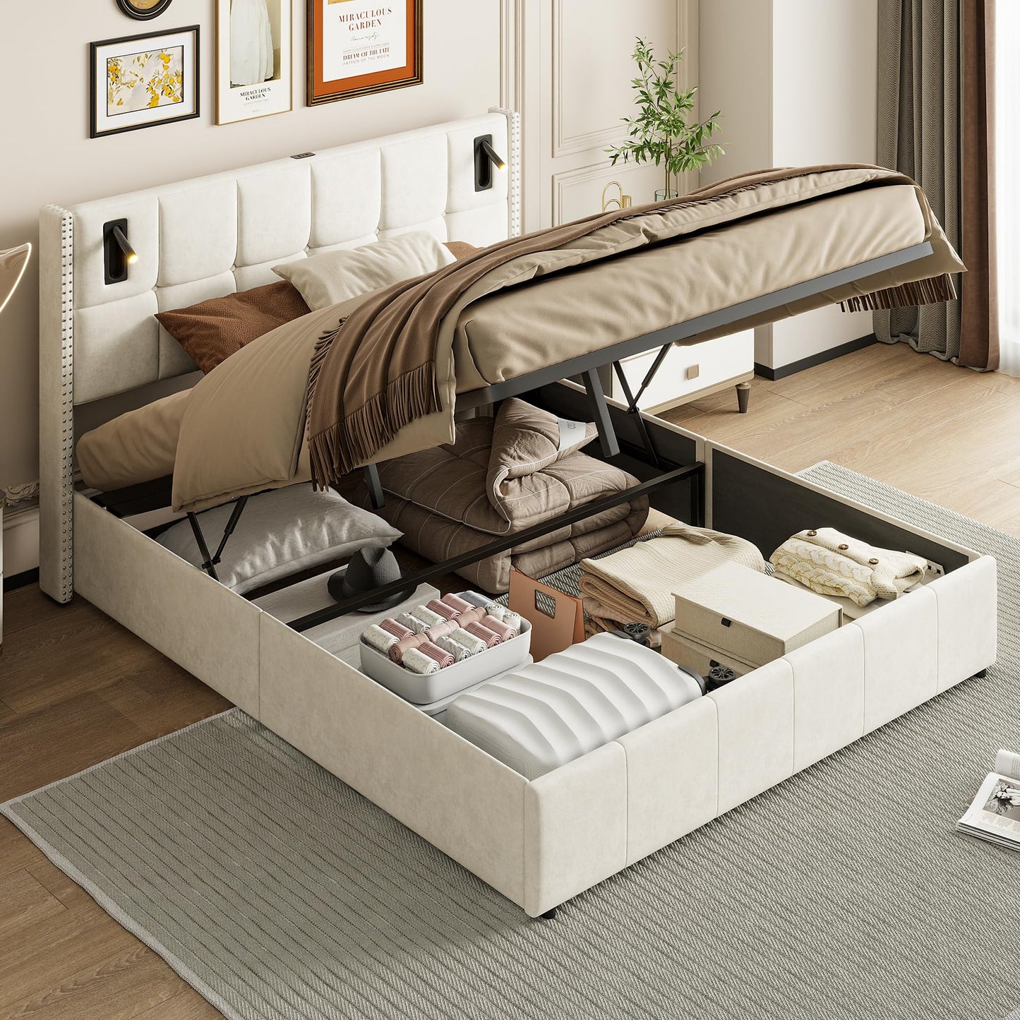Letto baule 160 x 200 con rete, letto imbottito in velluto con letto matrimoniale, telaio letto imbottito con contenitore letto imbottito per adulti (Beige-B, 160 x 200 cm)