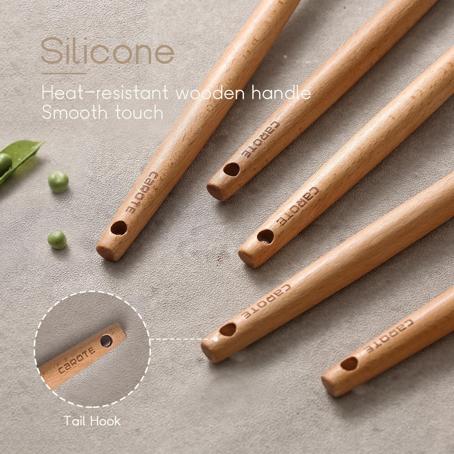 CAROTE Utensili Cucina Silicone 10 pezzi, Utensili da cucina antiaderenti resistenti al calore con manico,Cucchiai, palette e spatole in legno per cucinare,cuocere al forno, senza BPA, Lavastoviglie