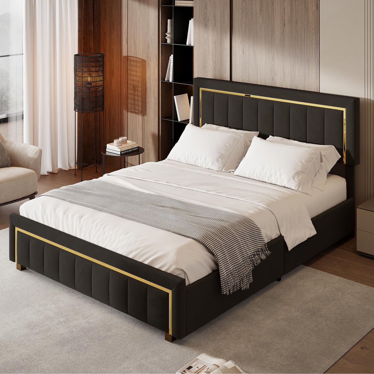 Letto baule 160 x 200 con rete, letto imbottito in velluto con letto matrimoniale, telaio letto imbottito con contenitore letto imbottito per adulti (Beige-B, 160 x 200 cm)