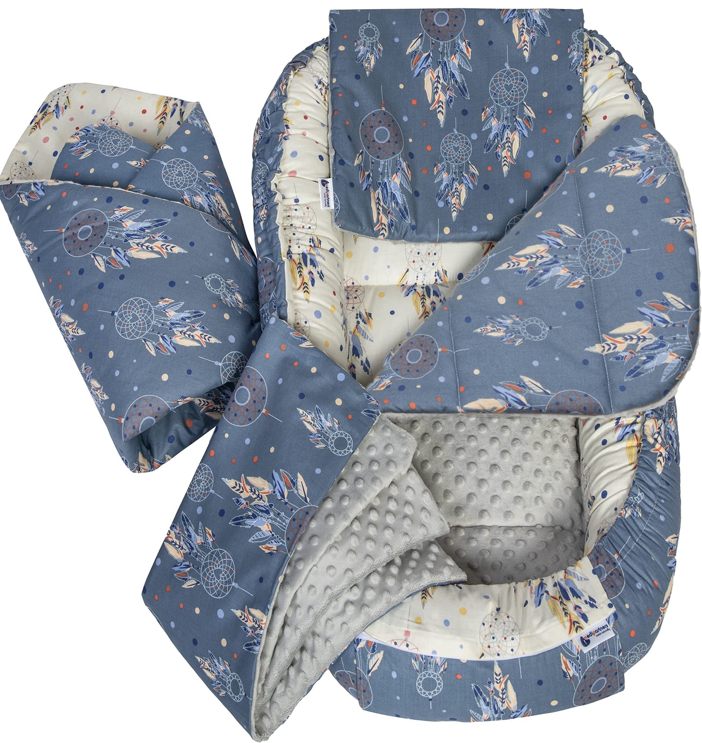 Medi Partners 5-Parti Nido per Bebè 100x60x15 Inserto Rimovibile Letto Cuscino Coperta bambini neonati 100% Cotone (Safari con Minky beige)