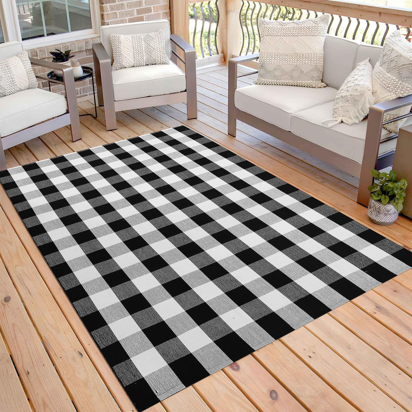 KOZYFLY Tappeto a righe bianche e nere, 60 x 90 cm, in cotone, lavabile, per interni ed esterni, per portico, cucina, fattoria