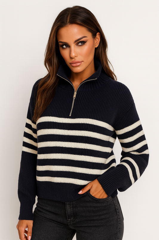 Maglia manica lunga, con zip e righe