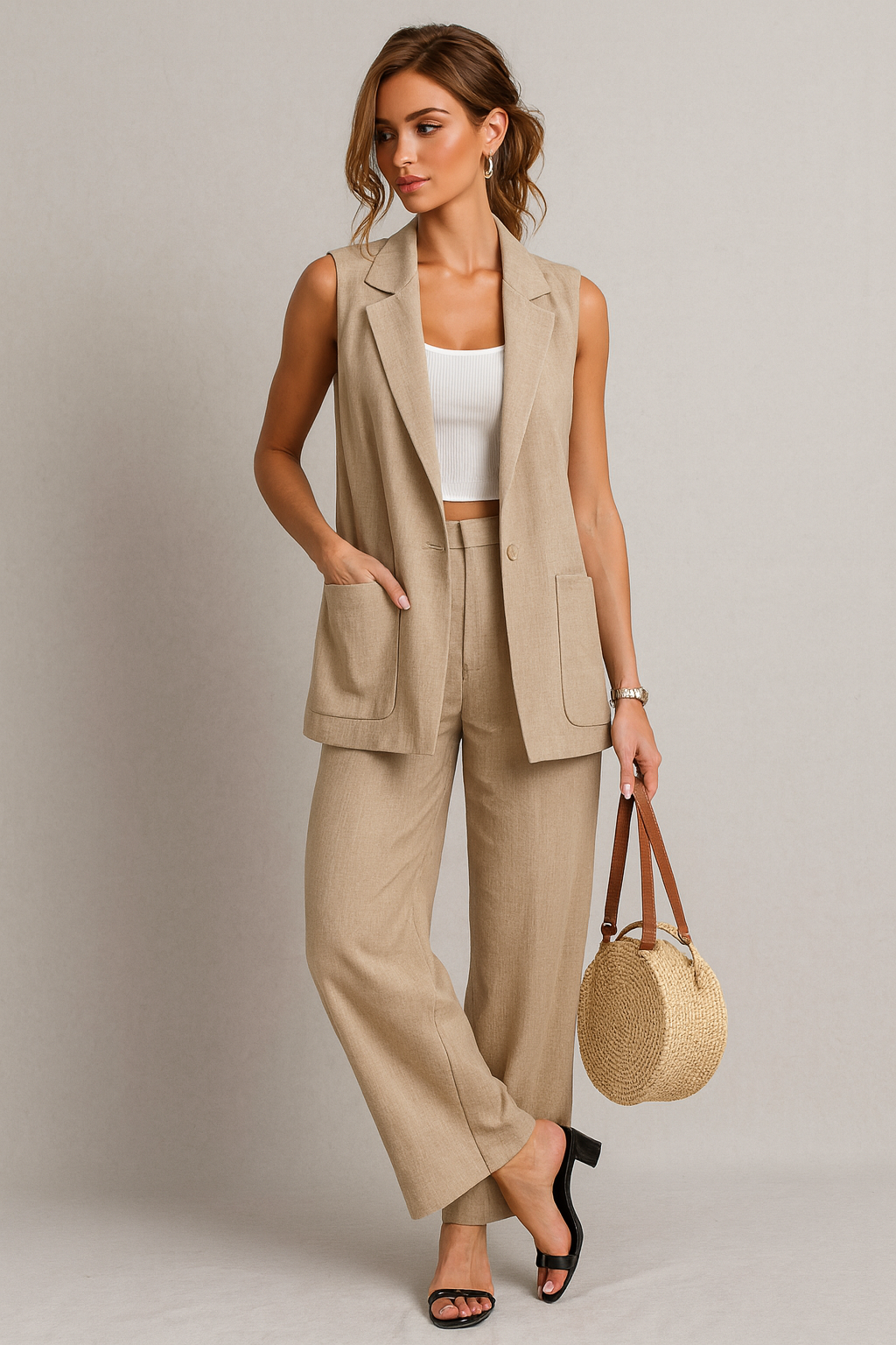 Completo Elegante in Lino – Gilet Lungo + Pantaloni Dritti